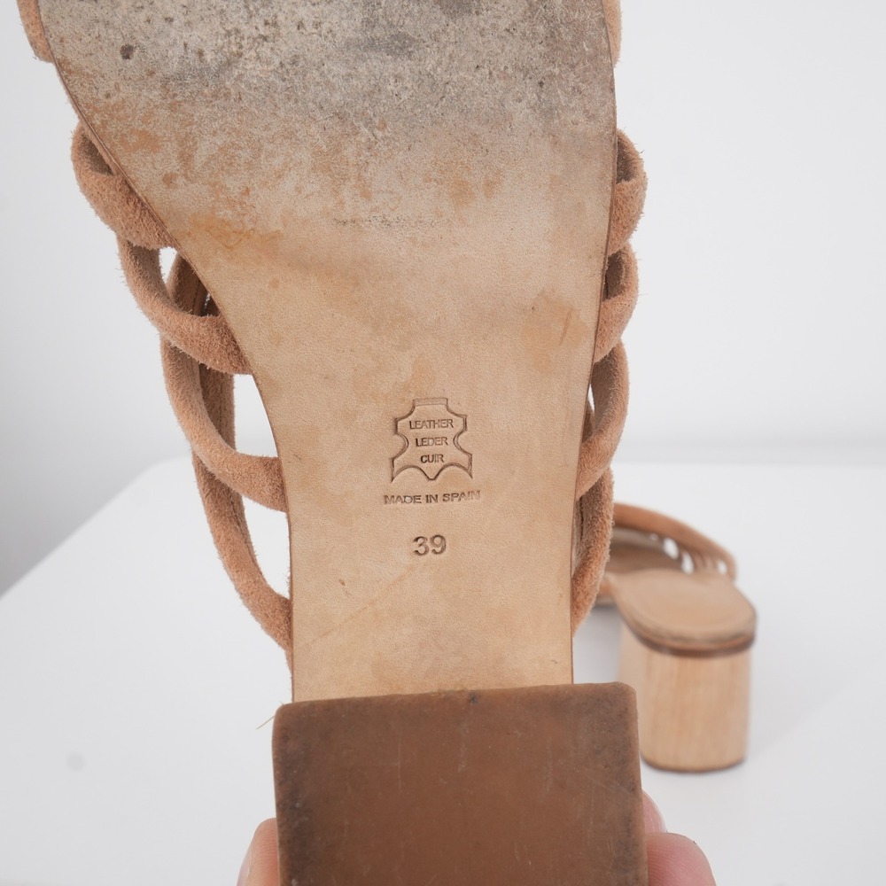 Paloma Wool Suede Strappy Mules Women 39 Tan Beige Wood Block Heel Made in Spain - Picture 5 of 7